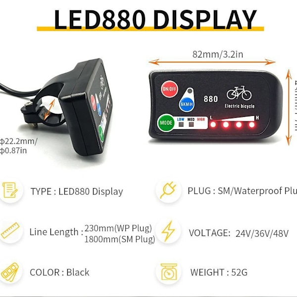 Elcykeldisplay 36v 48v Ebike Ligent Kontrollpanel LCD-display Led880 Vattentät Styrenhet