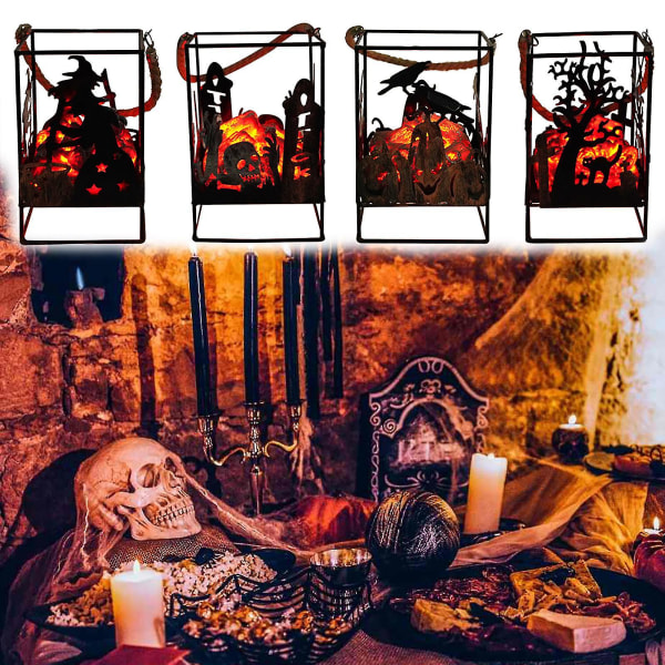 Järnprydnad Lykta Ljusträd Hängande Halloween-prydnader Camping Inredning Träkol Flame Lamp witch