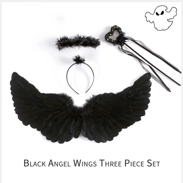 Barns svart ängelsvala fjädervinge rekvisita Halloween kostym Prestanda Prinsessan Dekoration Rollspel Angel 3pcs-L