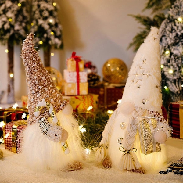 Set med 2 Jul Tomtar, Belysta Jul Tomtar Figurer Älv Plysch Juldekorationer - Vit Wi