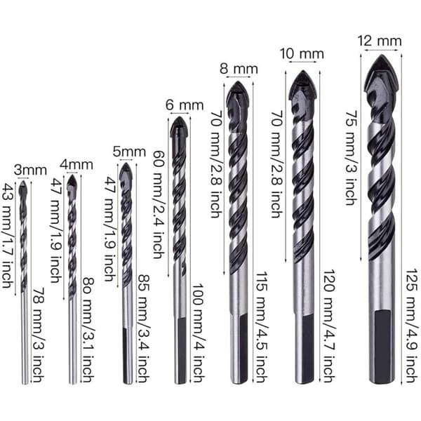Sæt med 7 wolframcarbid murbor – Til beton, mursten, glas, træ – 3-flad skaft – Størrelser 3 til 12 mm