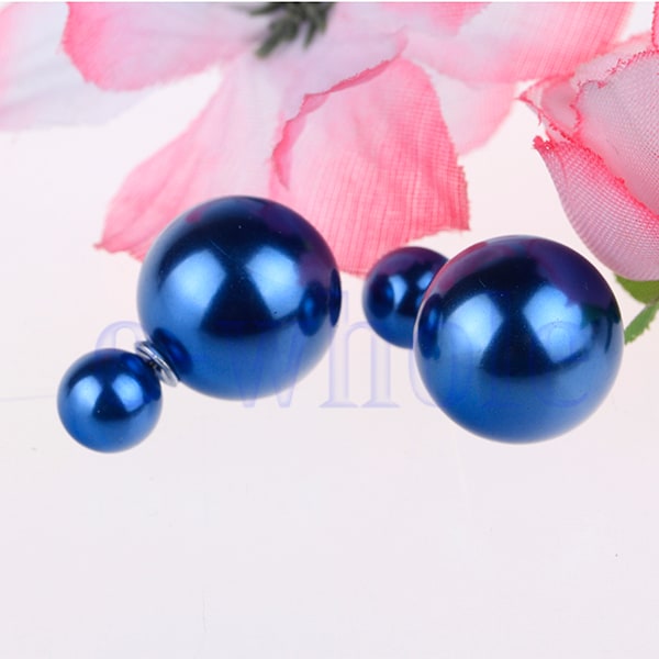 Lady Blue Double Faux Pearls Bead Golden Earring Studs 1 Par