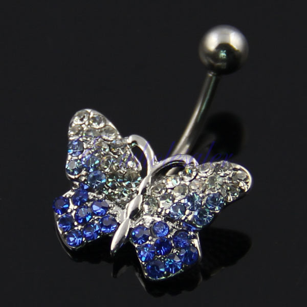 Gradient Blue Clear Gems Butterfly Bead Navel Belly Bar Ring
