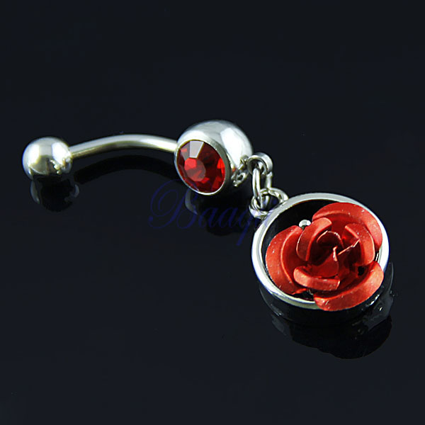 Silvertonring med röd metall Rose Dangle Belly Ring Navel Bar