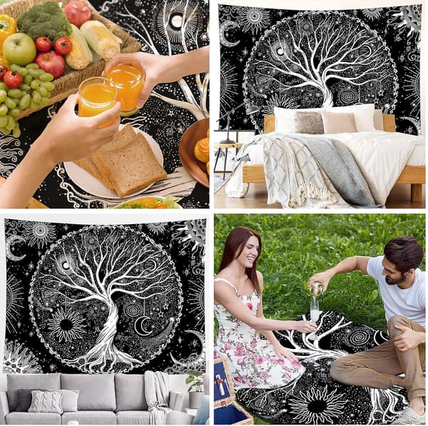 Livets Träd Tapestry (Svart/Vit), månfasdesign, L (150x200 cm), för Vardagsrum/Sovrum/Sängöverkast