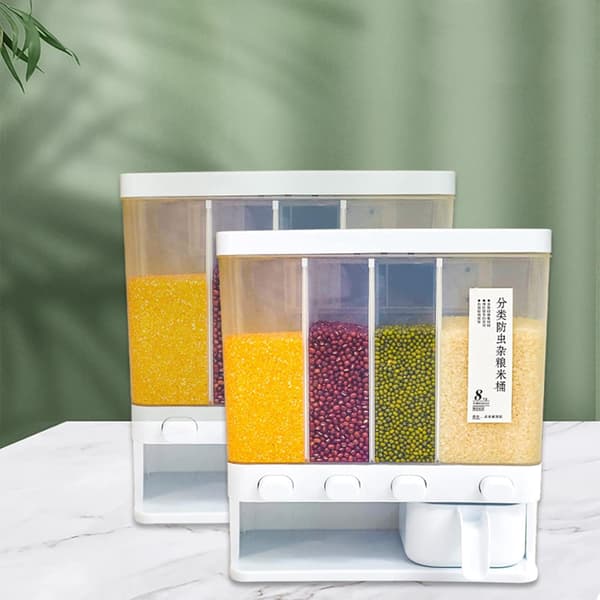Tørfoderdispenser (4 rum), transparent risboks, køkkenopbevaring/-organisering