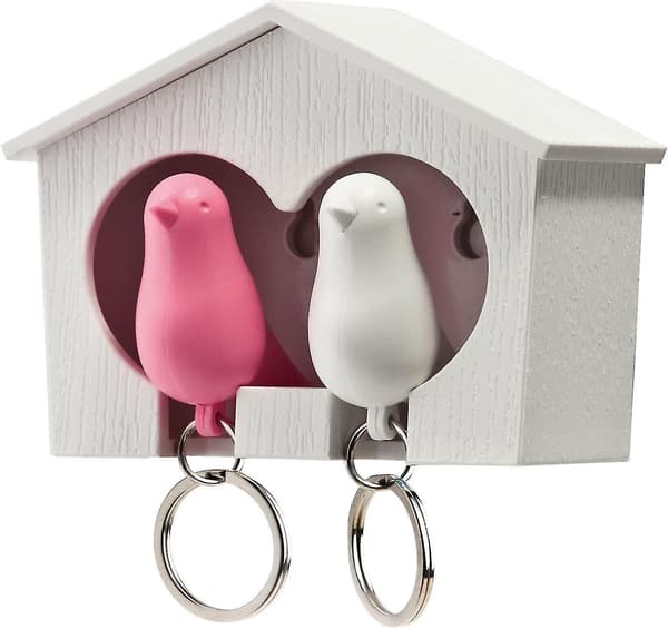 Nøglebakke, Tromlenøgleholder med to spurve design Hvid / Pink pink