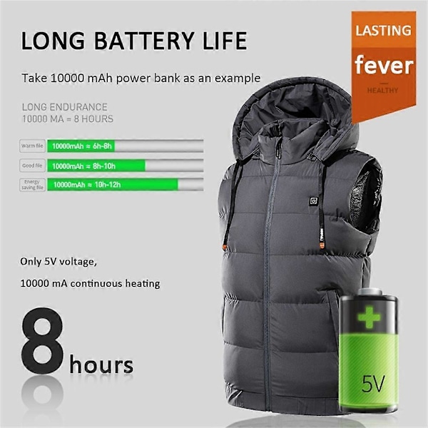 Smart Oppvarmet Vinter Termisk Vest Tykkere Hettegenser Varmevest for Menn Kvinner (uten Power Bank), Sin Grey 4XL