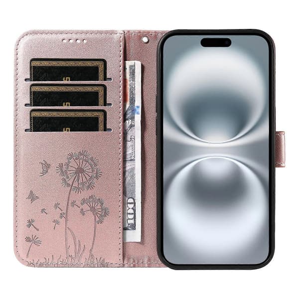 Läderfodral Plånboksfodral med Maskros-tryck för iPhone 16 - Roséguld Red