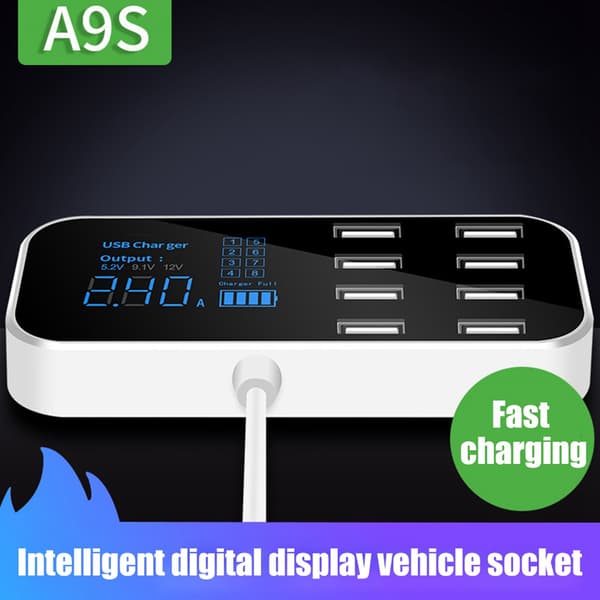 8-ports USB-biloplader med LED-display, multi-USB-stik, biladapter, telefonoplader