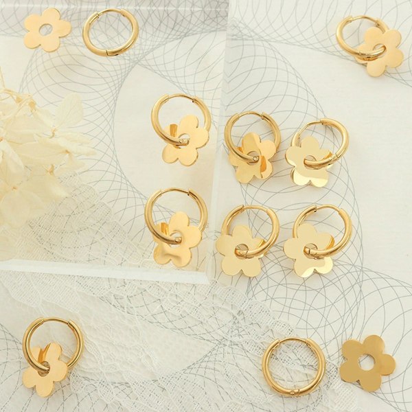 Delikate Flower Drop Dingle øreringe til kvinder, guldfarve rustfrit stål øreclips smykker, temperament geometrisk øregave