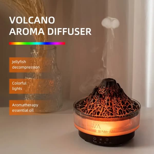 1 Vulkan Aroma Diffuser – med fargegradientlys, manet-tåke og ultralydfukting