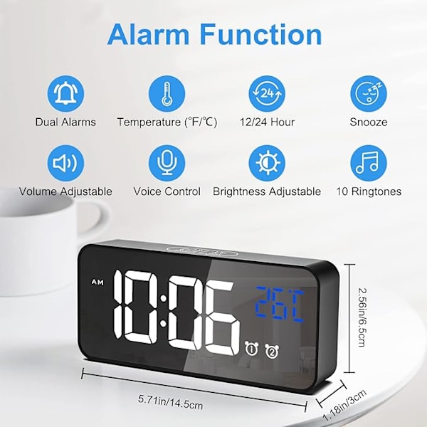 Digital vekkerklokke, LED digital klokke digital vekkerklokke temperatur/slumre/2 alarmer/12/24 timer/USB ladeport/10 musikk