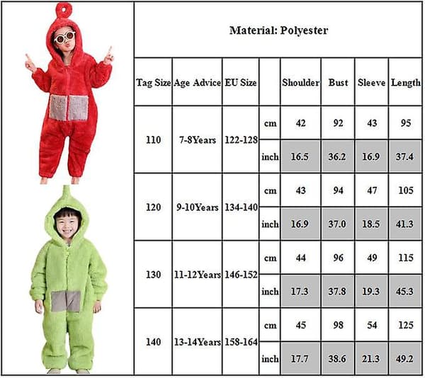 Teletubbies Kostym Barn Julpyjamas Sovkläder Vinter Varma Luddig Jumpsuit Green 11-12Years
