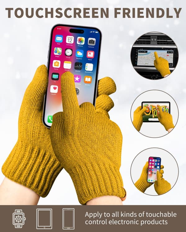 Vinterhandskar för kvinnor med fleecefoder, pekskärmsvänliga varma stretchiga tjocka stickade handskar ullhandskar termohandskar vinterpresenter för utomhusbruk yellow