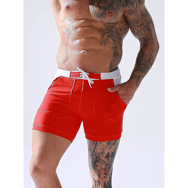 Badbyxor för män, sportboxershorts, badkläder med avtagbar dyna, justerbar dragsko, badkläder med snabbfrisättning, klassiska badbyxor med tryck, strandshorts B-red XL