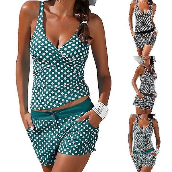 2-delt Tankini badedrakter Polka Dot Print for kvinner Tank Top med Boyshorts Dark Green M