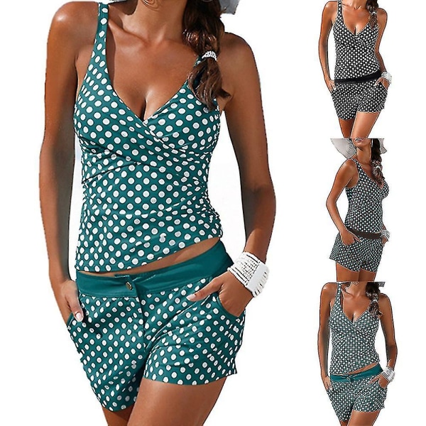 2-delt Tankini badedrakter Polka Dot Print for kvinner Tank Top med Boyshorts Dark Green XL