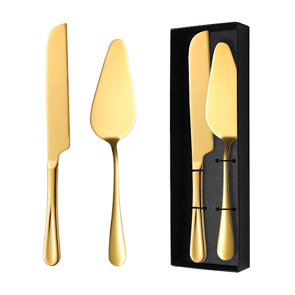 Bryllupskageknivsæt, rustfrit stål, 2 dele, guld
