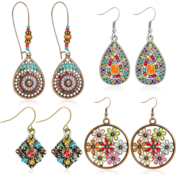4 paria boheemia vintage riipuskorvakorut retro rintaneulakorvakorut boho riipus pudotuskorvakorut naisille tytöille (tyyli A)