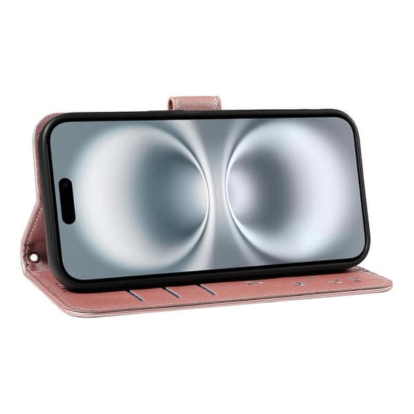 Läderfodral Plånboksfodral med Maskros-tryck för iPhone 16 - Roséguld Red
