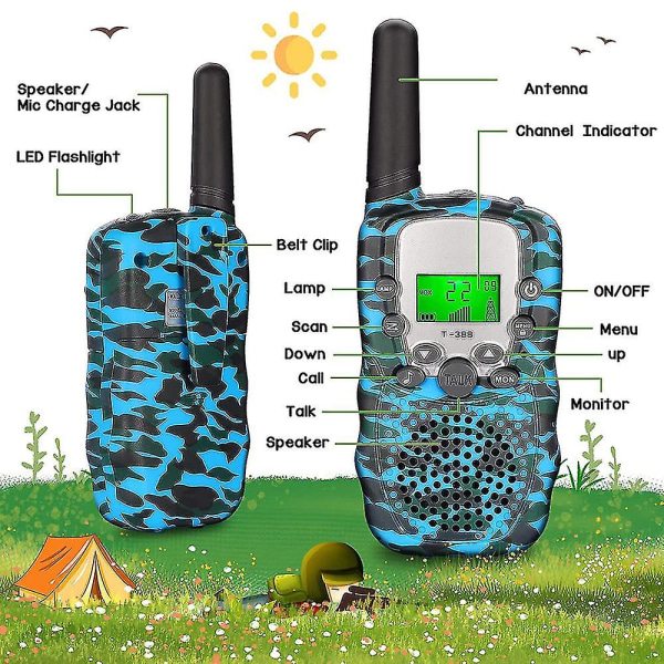 2 stk Barn Kamuflasje Walkie Talkie Mobil Håndholdt Sendermottaker Høydepunkt Telefon Radio Intercom 3km Mini Lekegaver Gutt Jente 2pcs Blue (1 Pair)