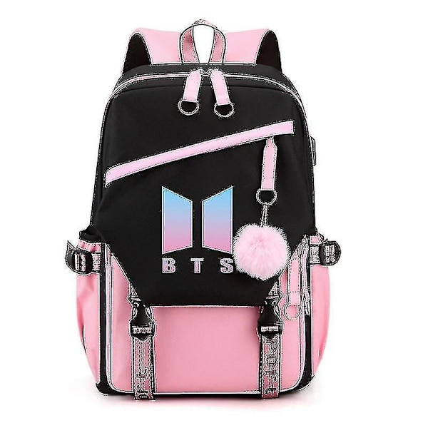Bts   Ryggsäck för ungdomsgrupper Usb-laddningsryggsäck Stor kapacitet Student skolväska black pink