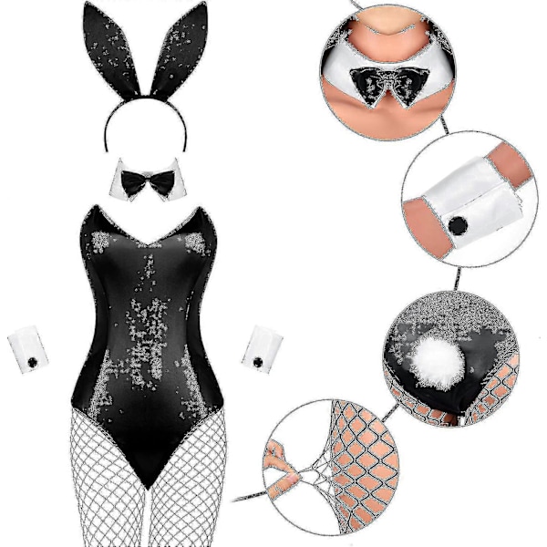 Kaninkostym för kvinnor, Lingerie och svans, Bodysuit, Rollspel, Kaninoutfit-set för Halloween, Juldräkt Z White and Black M