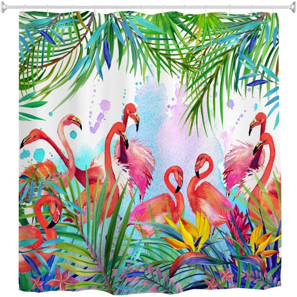 Flamingo Shower Curtain, Tropical Leaves and Flowers Waterproof Anti Mildew Fabric Bathroom Shower Curtains