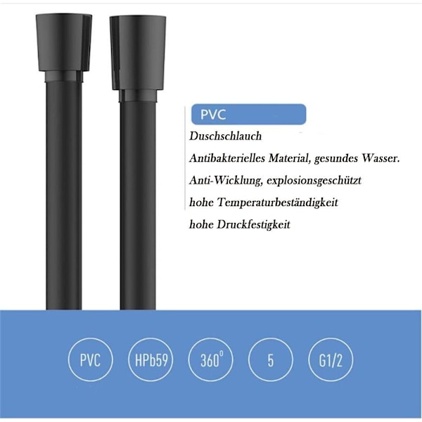 Duschsslang 2M Svart PVC duschslang anti-kink anti-explosion duschhuvud slang högtryck förtjockning
