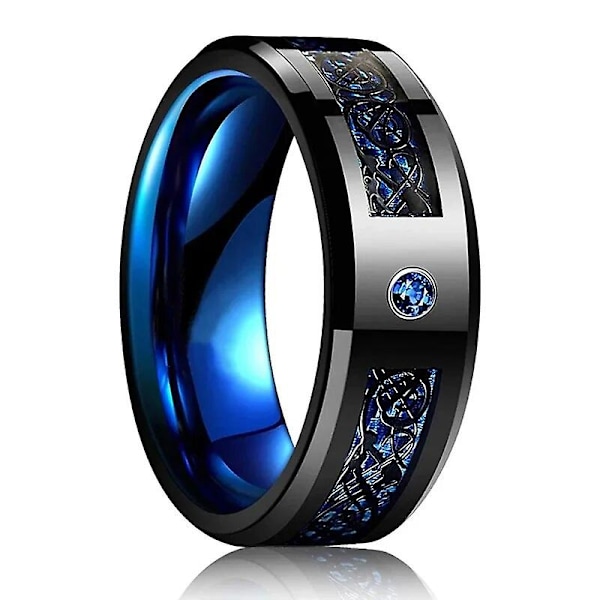 2024 ny modell Fashion 8mm Svart Tungsten Bröllop Keltisk Drake Ringar Inlagd Blå Zirkon Rostfritt Stål Ringar för Män Blå Kolfiber Ring Style 18 11