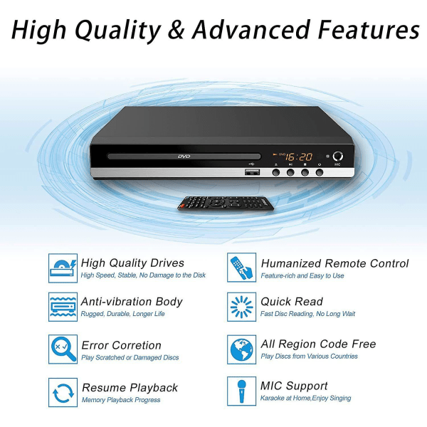 DVD-afspillere til tv med HDMI, DVD-afspillere, der afspiller alle regioner, CD-afspiller til hjemme-stereosystem, HDMI- og RCA-kabel medfølger