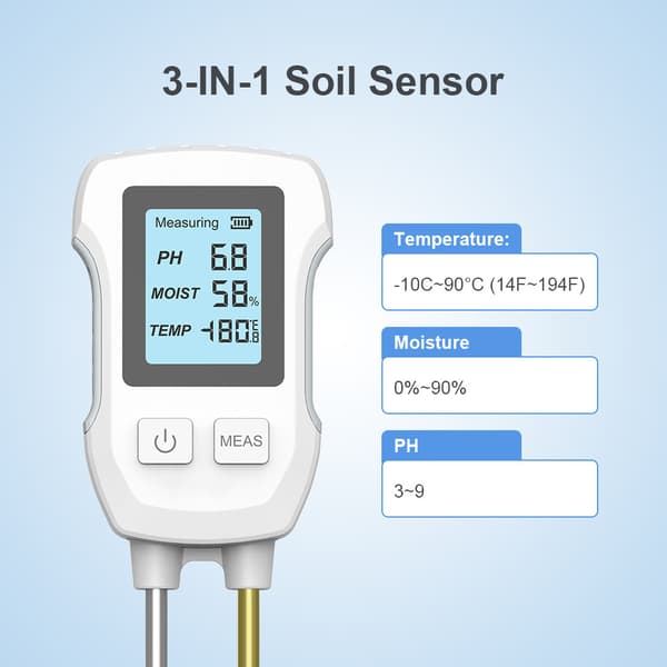3-i-1 Digital Jordfuktighet/pH/Lys/Temp Måler