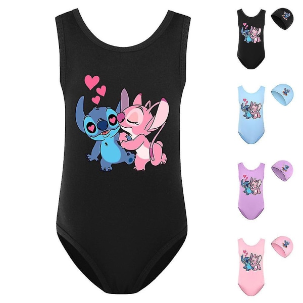 7-14 Years Kids Teens Lilo & Stitch One Piece Swimsuit Swimwear with Swim Cap for Summer Beach Holiday Pool Surf School