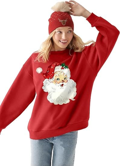 Julesweatshirt, retro julemand mønster langærmet skjorte, julepullover, størrelse L