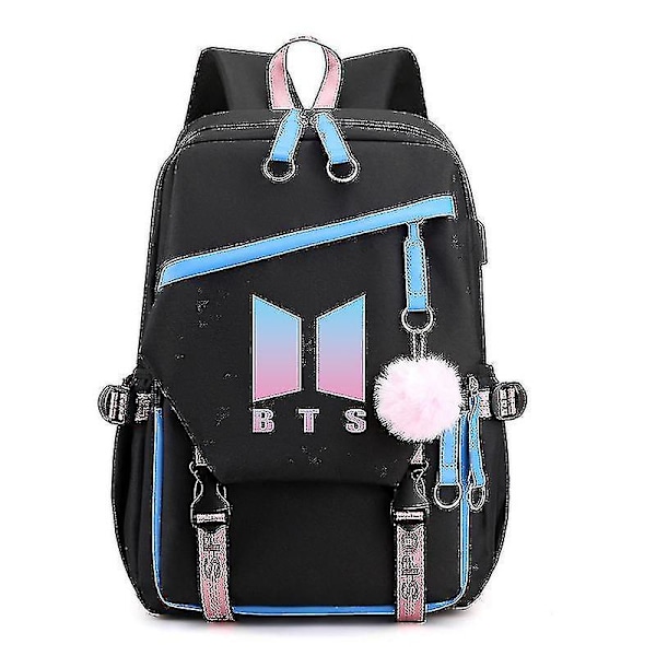 Bts   Ryggsäck för ungdomsgrupper Usb-laddningsryggsäck Stor kapacitet Student skolväska Black blue