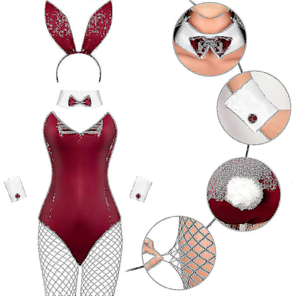 Kaninkostym för kvinnor, Lingerie och svans, Bodysuit, Rollspel, Kaninoutfit-set för Halloween, Juldräkt Z Wine Red L