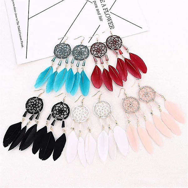 Kvinde Øreringe Knap Øreringe Stilfuld Enkelhed Fjer Øreringe Lang Hånd Flettet Kvast Øreringe Retro Boho Dream Catcher Design (farve: Pin