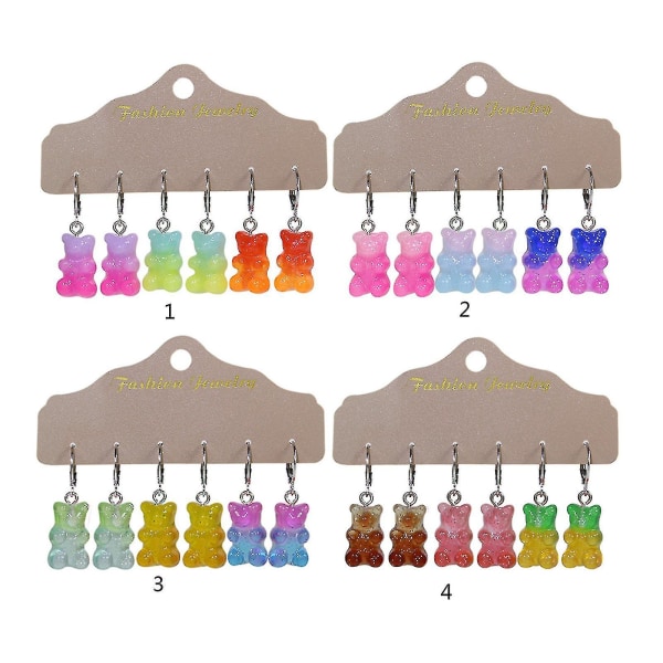 Söt tecknad djur drop örhänge set godis gradient färg björn dinglande örhängen 12 pairs