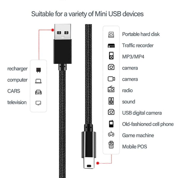 Mini USB-kabel for datasynkronisering og lading USB 2.0 til Mini B Fleksibel Mini USB-kabel for mobiltelefoner Dashcam-kamera 2m