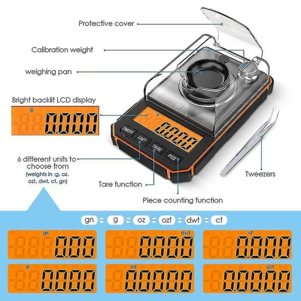0,001 g elektroninen digitaalivaaka kannettava minivaaka, ammattitason taskuvaaka milligramma 50 g kalibrointipainot orange
