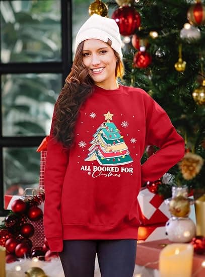 Julesweatshirt til kvinder, sød juletræsmønstret langærmet skjorte, julefrokost pullover, størrelse XL
