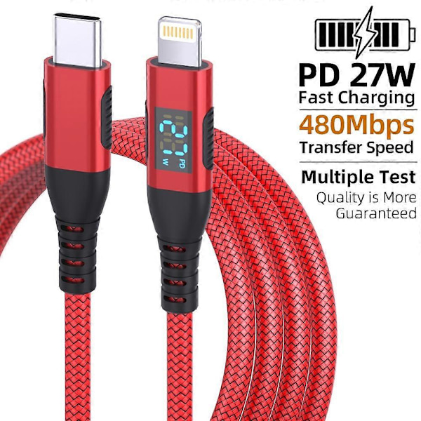 2m USB C - Lightning -kaapeli digitaalisella näytöllä PD 27W pikalataus nylonpunottu johto - Punainen Grey