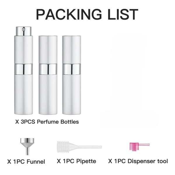 8ML Atomizer Parfym Sprayflaska för Resor (3-pack), Tom Köln Dispenser, Portabel Spruta (Silver)