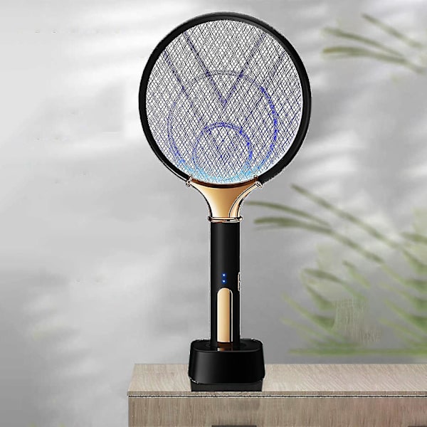 Elektrisk fluesmekker, elektrisk zapper, myggfellelampe & racket, myggdreper fluesmekker med lilla lyslokker for hjemmet innendørs utendørs - q34 Black