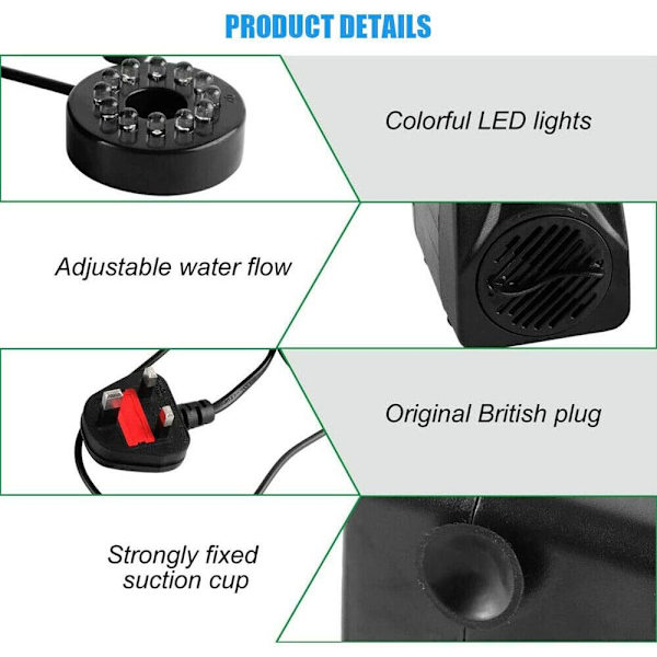 800L/H sähköinen vesipumppu, upotettava vesipumppu 12 värisellä LED-valolla, 16W hiljainen pieni vesipumppu suihkulähteelle