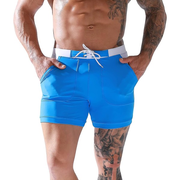 Badbyxor för män, sportboxershorts, badkläder med avtagbar dyna, justerbar dragsko, badkläder med snabbfrisättning, klassiska badbyxor med tryck, strandshorts B-blue XL