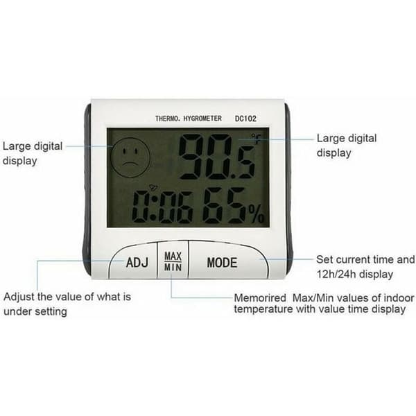 LCD Romtermometer Mini LCD Digitalt Innendørs Termometer Hygrometer Temperatur Måler Klokke Kontor Værstasjon med Magnetisk Feste