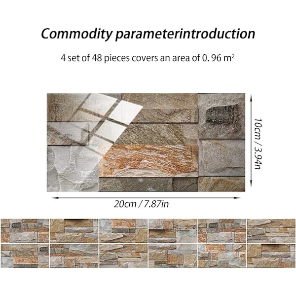 48 kpl laattatarroja kylpyhuoneeseen ja keittiöön, 10 x 20 cm itseliimautuvat vedenpitävät metroseinälaattasiirrot DIY-keramiikkalaatan vaikutusta muistuttava tapetti, C