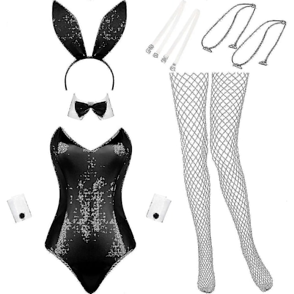 Kaninkostym för kvinnor, Lingerie och svans, Bodysuit, Rollspel, Kaninoutfit-set för Halloween, Juldräkt Z White and Black XS